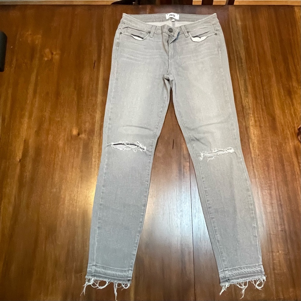 PAIGE Light Gray Distressed Skinny Jeans
